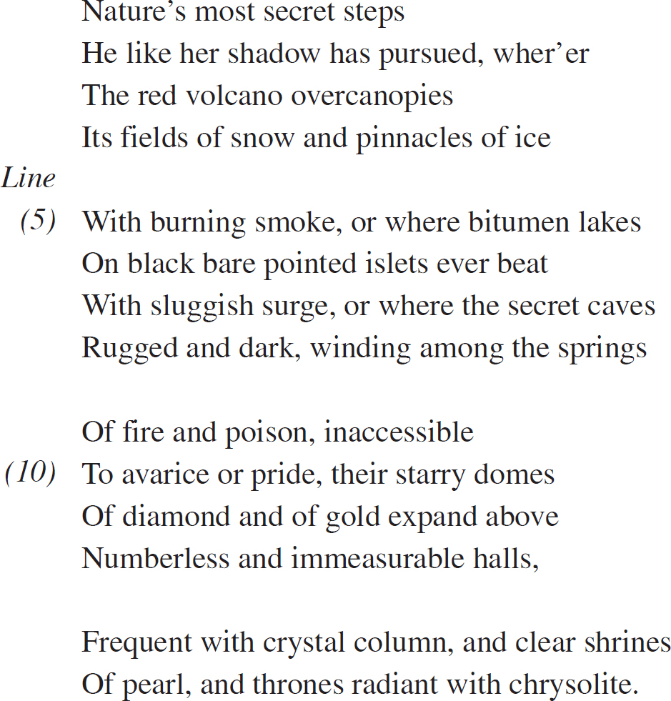 Nature’s most secret steps He like her shadow has pursued, wher’er The red volcano overcanopies Its fields of snow and pinnacles of ice With burning smoke, or where bitumen lakes On black bare pointed islets ever beat With sluggish surge, or where the secret caves Rugged and dark, winding among the springs Of fire and poison, inaccessible To avarice or pride, their starry domes Of diamond and of gold expand above Numberless and immeasurable halls, Frequent with crystal column, and clear shrines Of pearl, and thrones radiant with chrysolite.