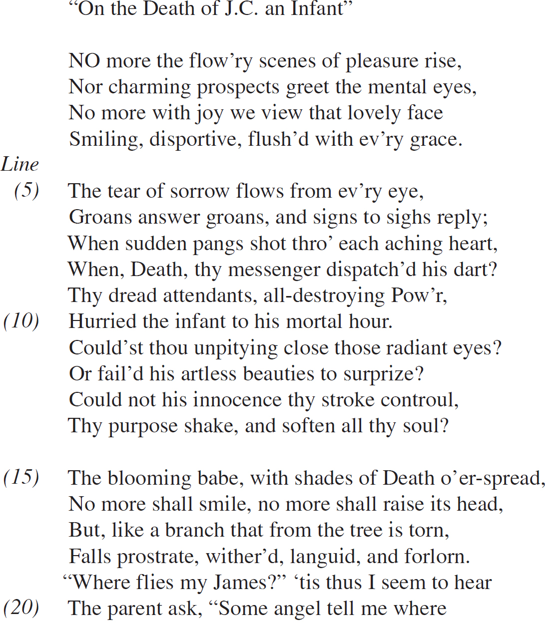 “On the Death of J.C. an Infant” NO more the flow’ry scenes of pleasure rise, Nor charming prospects greet the mental eyes, No more with joy we view that lovely face Smiling, disportive, flush’d with ev’ry grace. The tear of sorrow flows from ev’ry eye, Groans answer groans, and signs to sighs reply; When sudden pangs shot thro’ each aching heart, When, Death, thy messenger dispatch’d his dart? Thy dread attendants, all-destroying Pow’r, Hurried the infant to his mortal hour. Could’st thou unpitying close those radiant eyes? Or fail’d his artless beauties to surprize? Could not his innocence thy stroke controul, Thy purpose shake, and soften all thy soul? The blooming babe, with shades of Death o’er-spread, No more shall smile, no more shall raise its head, But, like a branch that from the tree is torn, Falls prostrate, wither’d, languid, and forlorn. “Where flies my James?” ‘tis thus I seem to hear The parent ask, “Some angel tell me where