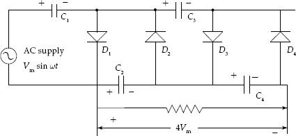 Voltage quadrupler circuit (re oriented circuit)