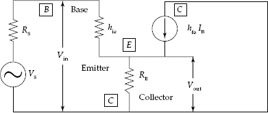 h-parameter model AC equivalent circuit for common collector amplifier (emitter follower)