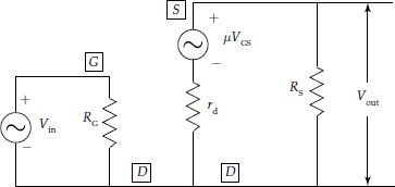 Common drain FET amplifier equivalent circuit reoriented for analysis