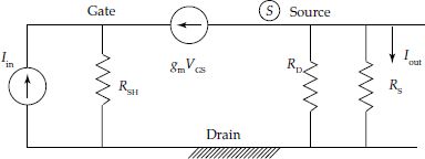 Small signal AC equivalent circuit of N-channel MOSFET source follower circuit to determine current gain