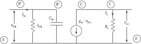 Final simplified circuit of high frequency transistor amplifier with resistive load for calculating the current gain AI