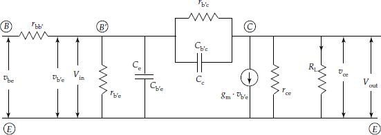 Hybrid-π equivalent circuit of CE transistor amplifier with load RL