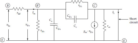 Hybrid-π equivalent circuit of CE transistor amplifier with short circuited load