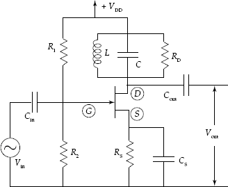 Single-tuned JFET amplifier with LCR elements in the tuned circuit