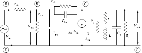 Hybrid-π equivalent circuit and tuned circuit of single-tuned capacitive-coupled CE transistor amplifier