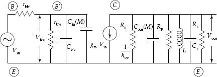 Hybrid-π equivalent circuit and tuned circuit of single-tuned capacitive-coupled CE transistor amplifier transfering the effects of Cb'c and rb'c into input and output ports