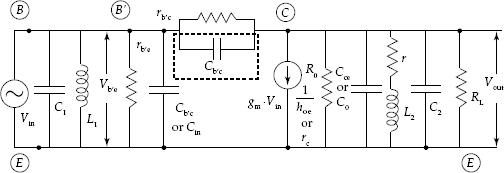 Equivalent circuit of tuned amplifier with tuned circuits at both input base and output collector circuits