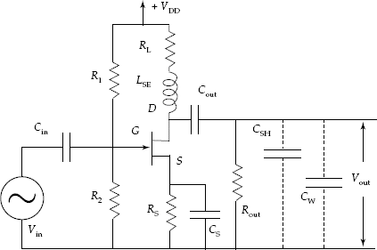 Wideband amplifier using FET with high-frequency compensation using LSE