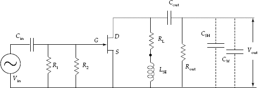 AC equivalent circuit of wideband amplifier using FET with high-frequency compensation using LSE