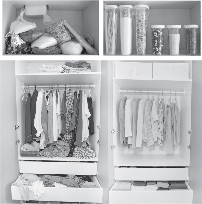 A series of before and after photographs for a kitchen cupboard and a wardrobe. The before picture for the kitchen has cereal, rice, and pasta stored in clear plastic bags. The after picture has food stored in plastic containers and neatly arranged in a row. The before picture for the wardrobe has unfolded clothes thrown in the wardrobe or haphazardly hung on the rail. The after picture has the clothes folded in drawers and storage containers, and the hanging clothes neatly ordered by color.