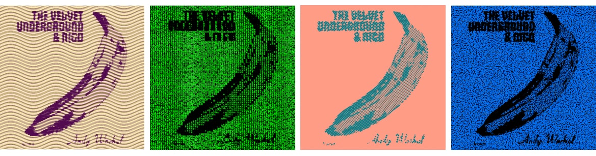 Four different halftone treatments applied to The Velvet Underground’s Andy Warhol