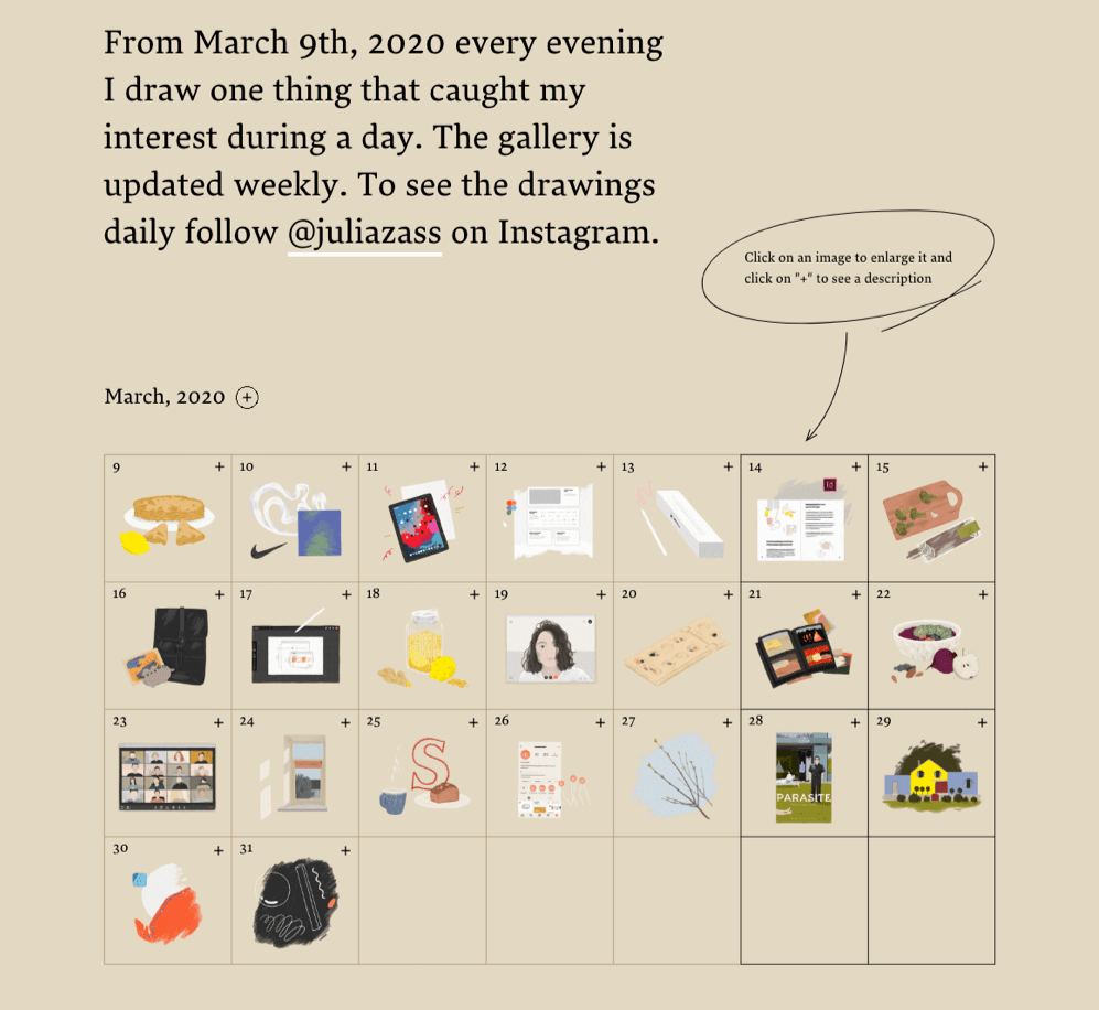 Julia Zass’s calendar UI is a great way to present her drawing-a-day project