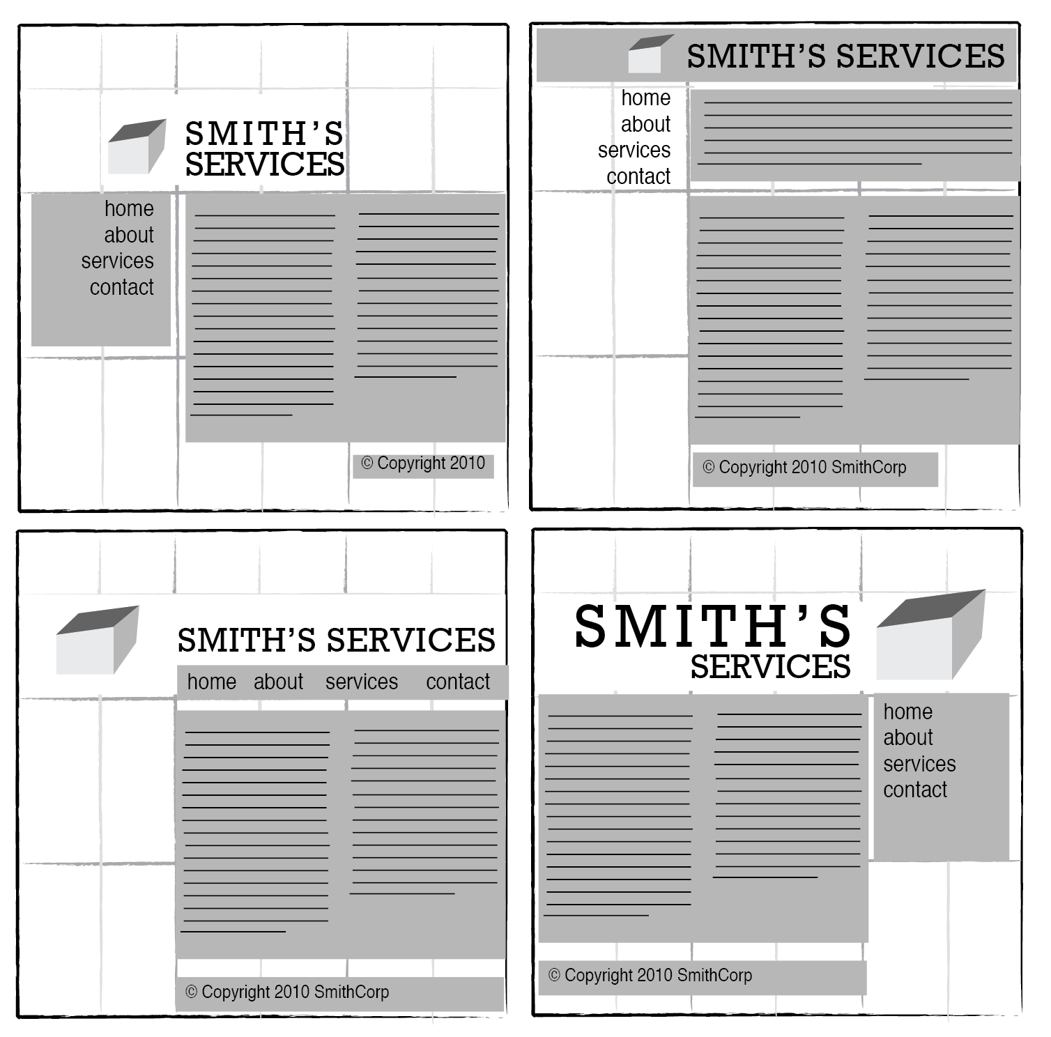 Four layouts in grids that follow the rule of thirds