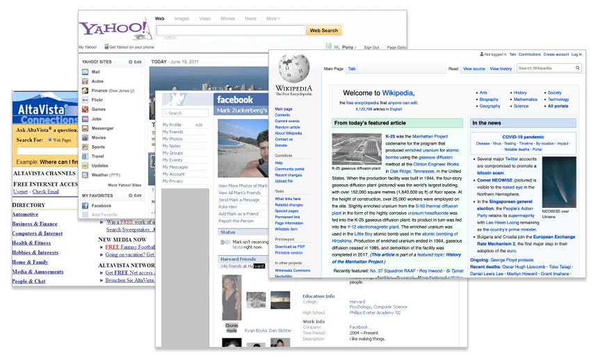 Moving through time: Alta Vista, Yahoo!, Facebook and Wikipedia with left-column navigation
