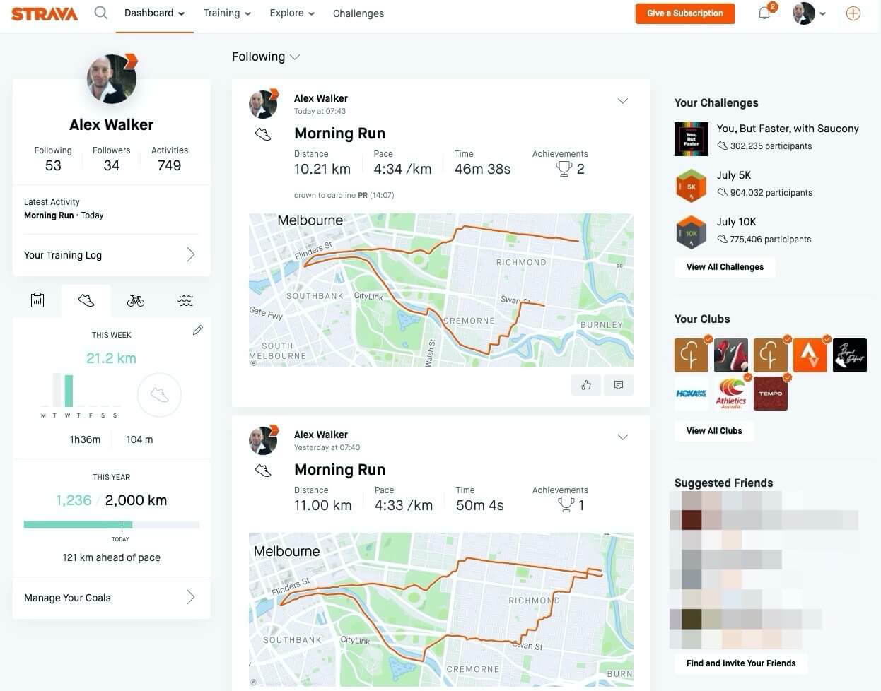 Three-column navigation at Strava