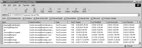 Internet Explorer stores cookies in files in the Cookies directory. You can delete a cookie by clicking on the cookie with the mouse and hitting the “Delete” key.