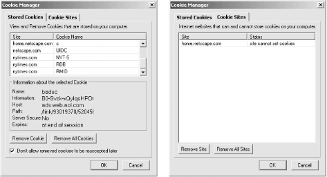 Netscape 6.0’s Cookie Manager allows cookies to be controlled on a site-by-site basis