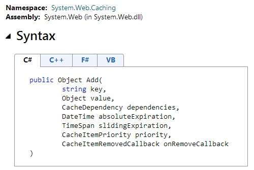 System.Web.Caching.Cache Add signature