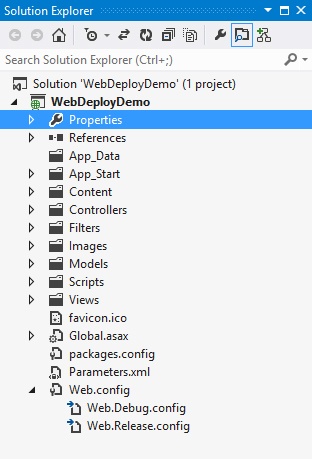 The web.config file with two nested transformation files