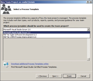 Selecting the process template when creating a new team project.