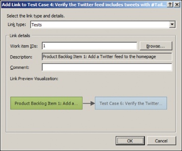 Linking a test case to an existing Product Backlog item PBI.