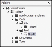 Branches like Bug42 are represented with different icons than folders.