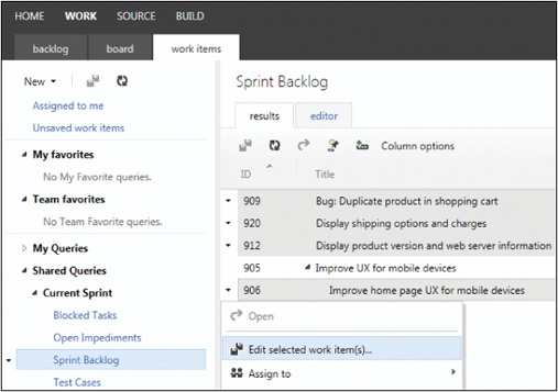 Selecting multiple work items to edit.