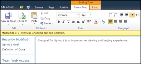 Capturing the Sprint Goal in a SharePoint Wiki.