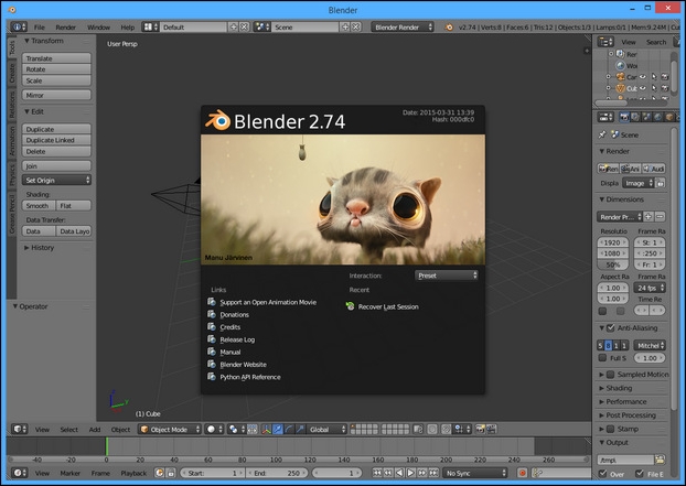 The basic user interface of Blender