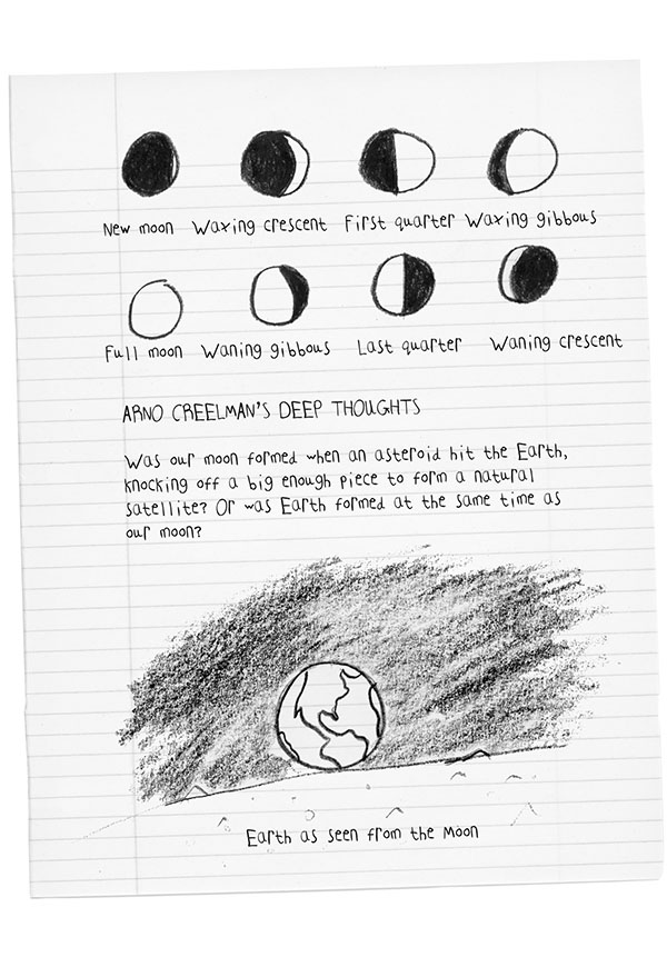 Drawings of the moon in different stages, with the words. "new moon, waxing crescent, first quarter, waxing gibbous, full moon, waning gibbous, last quarter, waning crescent" written underneath. Text in the middle reads, "Arno Creelman's Deep Thoughts. Was our moon formed when an asteroid hit the Earth, knocking off a big enough piece to form a natural satellite? Or was Earth formed at the same time as our moon?" An image of the Earth is shown with the words, "Earth as seen from the moon" written underneath.