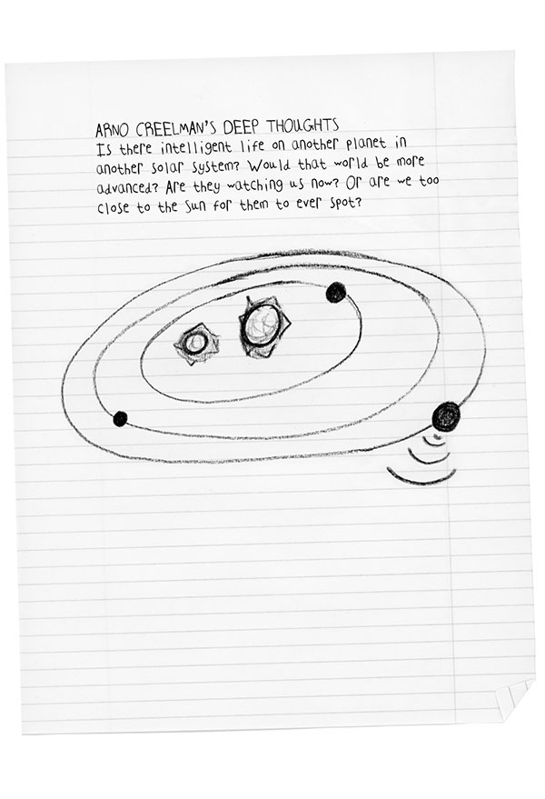 A drawing of planets orbiting the sun. The text above the image reads, "Arno Creelman's Deep Thoughts. Is there intelligent life on another planet in another solar system? Would that world be more advanced? Are they watching us now? Or are we too close to the sun for them to ever spot?