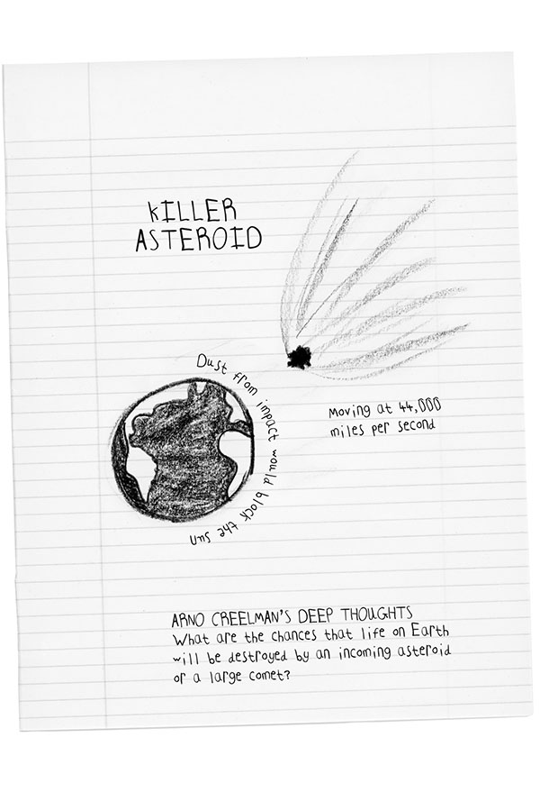 A drawing of an asteroid heading to Earth is shown, with the words, "Killer Asteroid" written above. The text at the bottom of the page reads, "Arno Creelman's Deep Thoughts. What are the chances that life on Earth will be destroyed by an incoming asteroid or a large comet?"