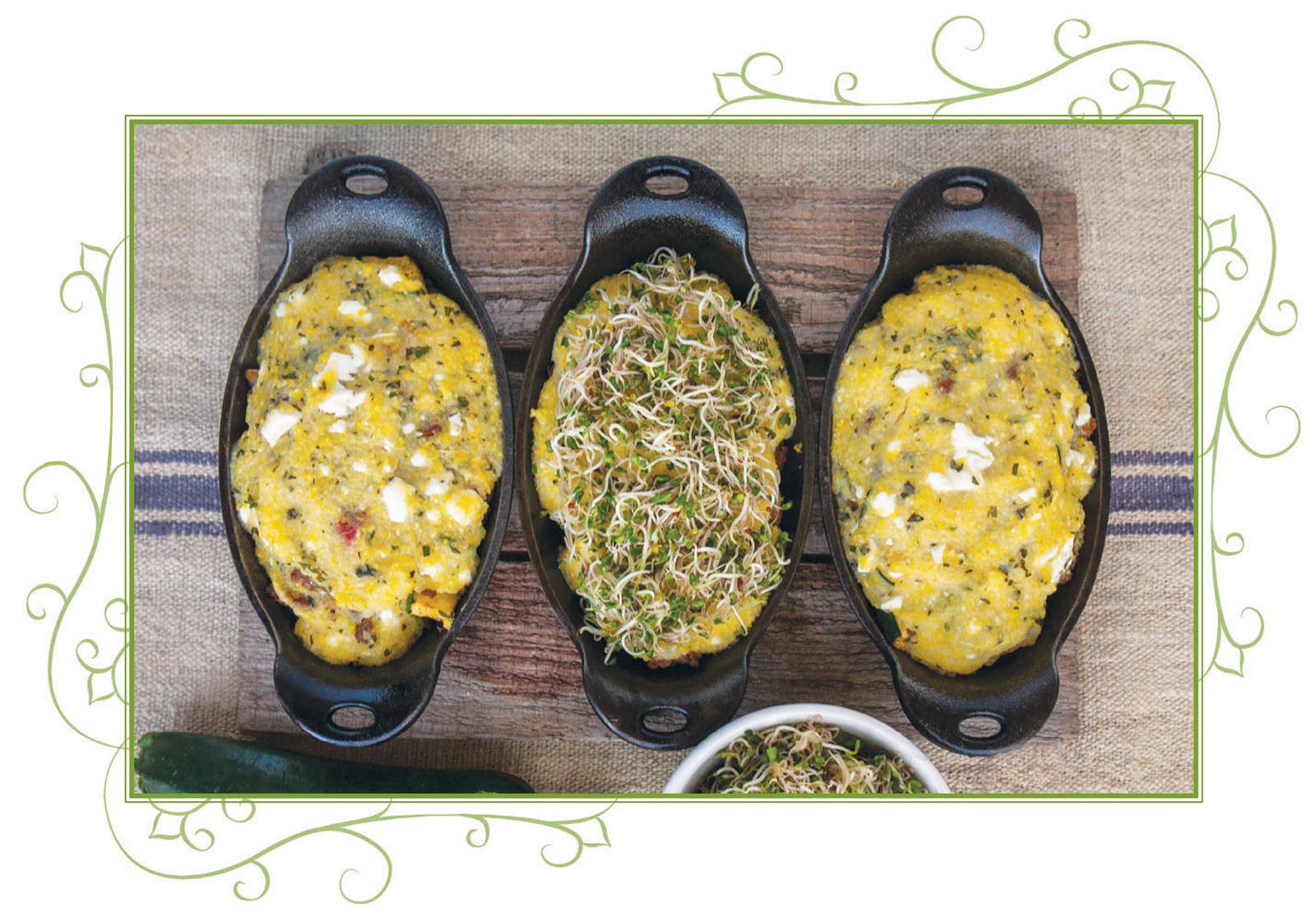 Picture of Beef, Zucchini & Polenta Mini Casseroles With Marinated Broccoli Sprouts.