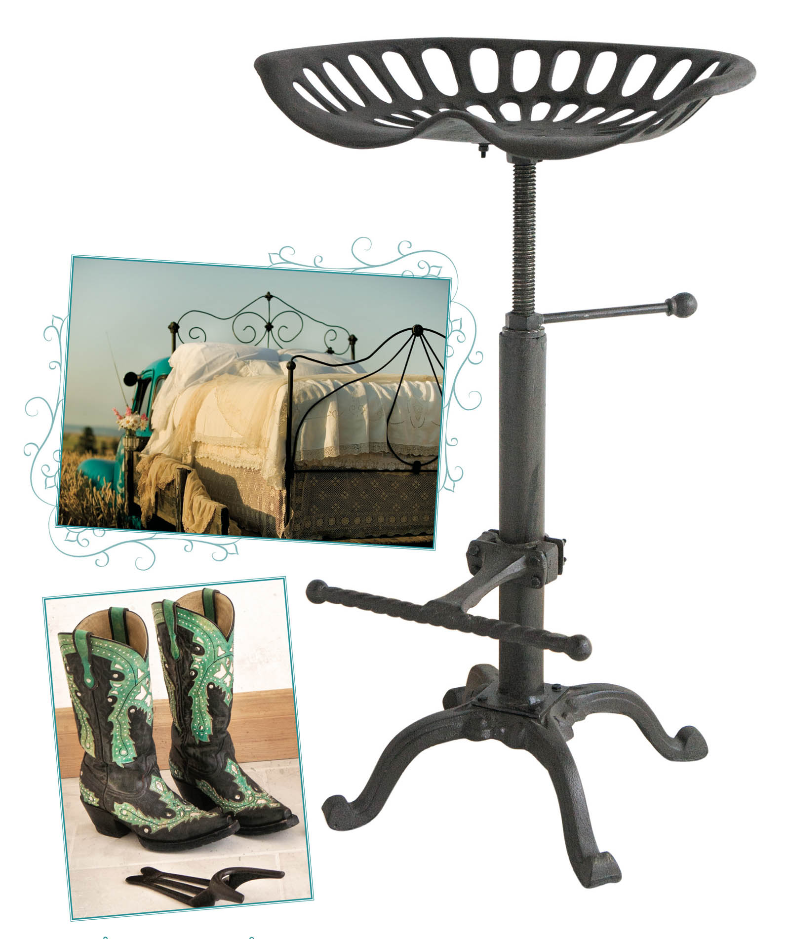 Picture of a bed, a tractor seat stool and a boot puller.