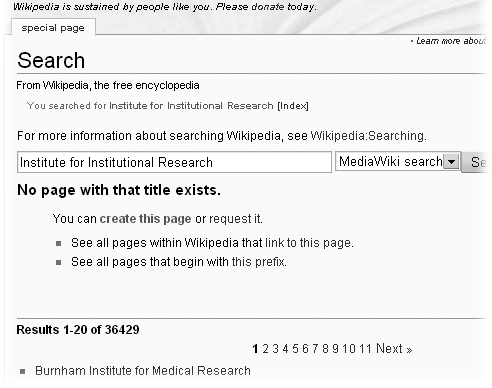 When Wikipedia can’t find an exact match to a Go request, it provides search results, but it also offers a link to create an article with the same name as the word or phrase you entered.