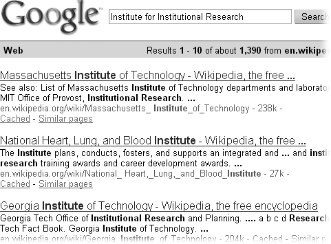 The same search for “Institute for Institutional Research” as in Figure 1-2, but this time searching with Google. The search results are completely different.