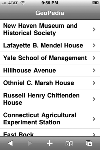 A sample screenshot of GeoPedia in action. How useful it is depends critically on whether relevant articles in Wikipedia include (accurate) geographical coordinates, plus the accuracy of the iPhone’s determination of where it is.