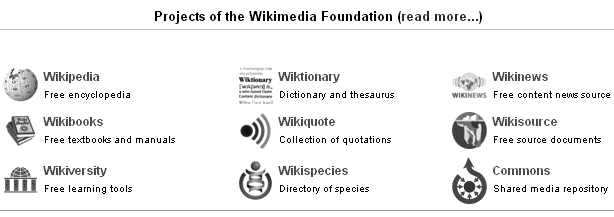 The Wikimedia Foundation has eight parallel projects, the oldest of which is Wikipedia, plus the Commons, a central repository of pictures and other media.