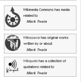 It’s easy to jump between Foundation projects when they have different types of materials about the same subject. Shown are three links in the “Mark Twain” article to the Wikimedia Commons (with pictures, as discussed in ), to Wikisource (all works published by Twain during his life are now in the public domain), and to Wikiquote.