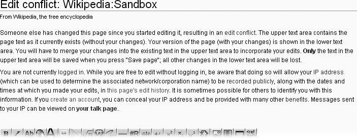 The top of a page when there’s an edit conflict. If you’re logged in, you see only the top paragraph of information.