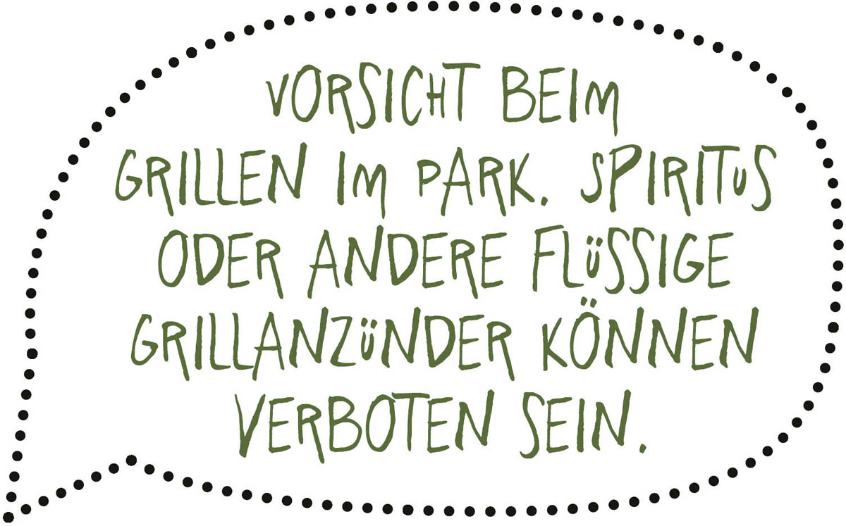 Vorsicht beim Grillen im Park. Spiritus oder andere flüssige Grillanzünder können verboten sein.