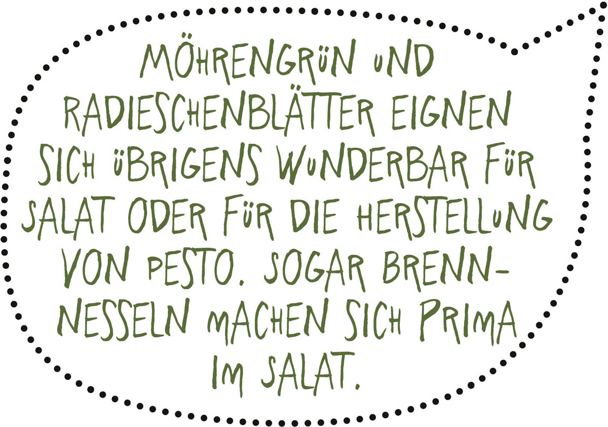 Möhren grün und Radieschenblätter eignen sich übrigens wunderbar für Salat oder für die Herstellung von Pesto. Sogar Brennnesseln machen sich prima im Salat.