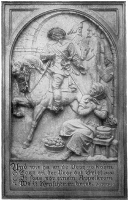 A carved stone bas-relief, showing Jan, the great general, riding his horse, looking down at the elderly Griet sitting on a stool with a basket of apples at her feet.