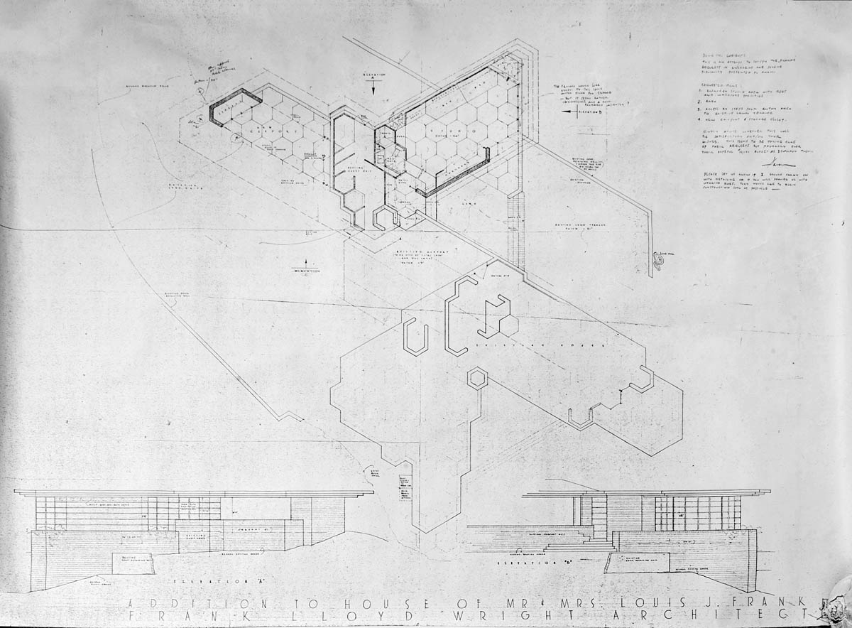 Bazett House, blueprint of elevation A and B with floor plan. Copyright © The Frank Lloyd Wright Foundation, Scottsdale, Arizona