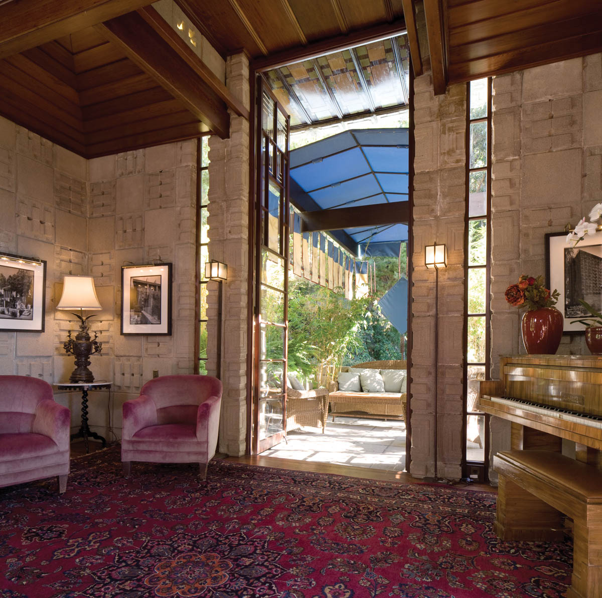 Storer House, view from living room onto terrace looking east