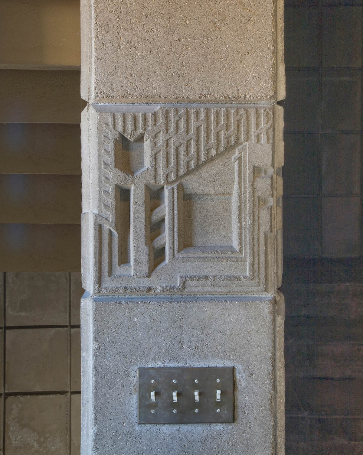 Freeman House, Los Angeles (1923–25), detail of eucalyptus pattern in concrete.