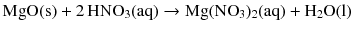 $$\mathrm{MgO(s)} + 2\,\mathrm{HNO}_{3}(\mathrm{aq}) \to \mathrm{Mg}(\mathrm{NO}_{3})_{2}(\mathrm{aq}) + \mathrm{H}_{2}\mathrm{O(l)}$$