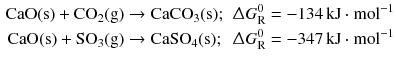 $$ \begin{aligned} \mathrm{CaO(s)} + \mathrm{CO_{2}(g)} &\to \mathrm{CaCO}_{3}(\mathrm{s}); &\Updelta G^{0}_{\text{R}} &= - 134\,\mathrm{kJ} \cdot \mathrm{mol}^{- 1}\\ \mathrm{CaO(s)} + \mathrm{SO}_{3}(\mathrm{g}) &\to \mathrm{CaSO}_{4}(\mathrm{s}); &\Updelta G^{0}_{\text{R}} &= - 347\,\mathrm{kJ} \cdot \mathrm{mol}^{- 1} \end{aligned} $$